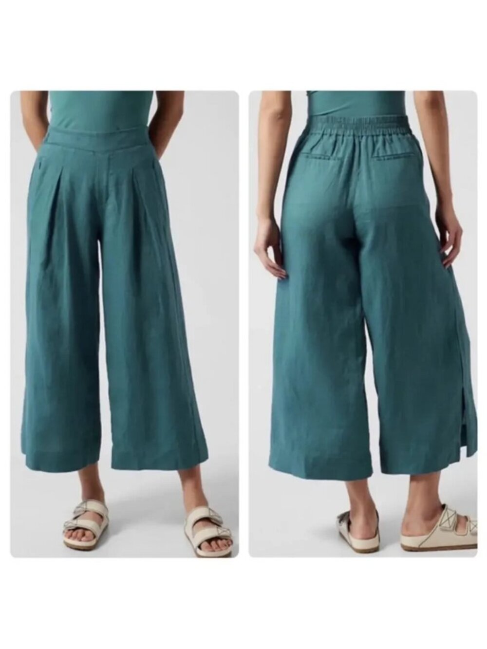 ATHLETA Playa Linen Wide Crop Pants in Teal Green Size 4